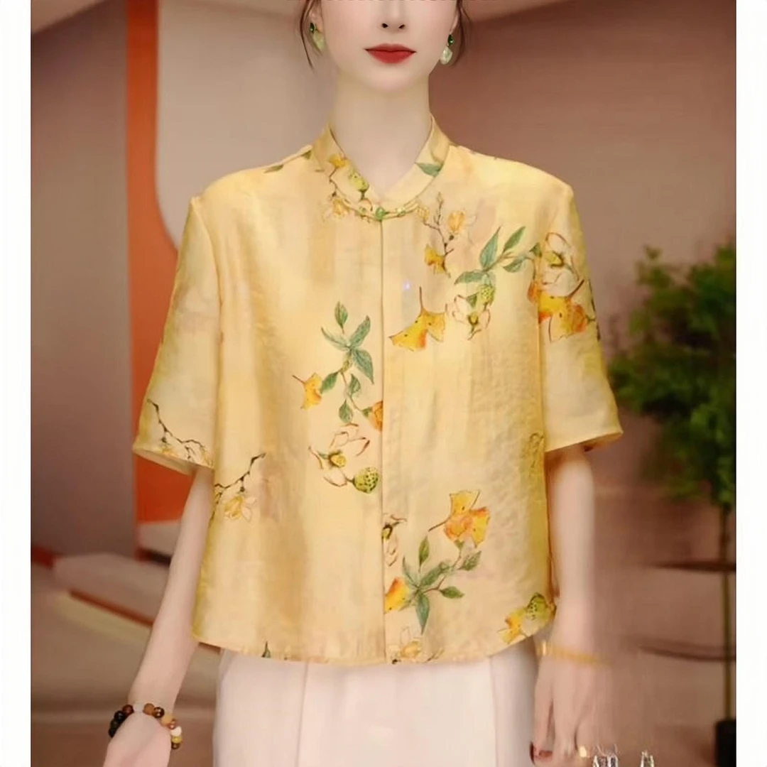 新中式时尚夏季国风上衣上新百搭气质印花款遮肉显瘦短袖上衣