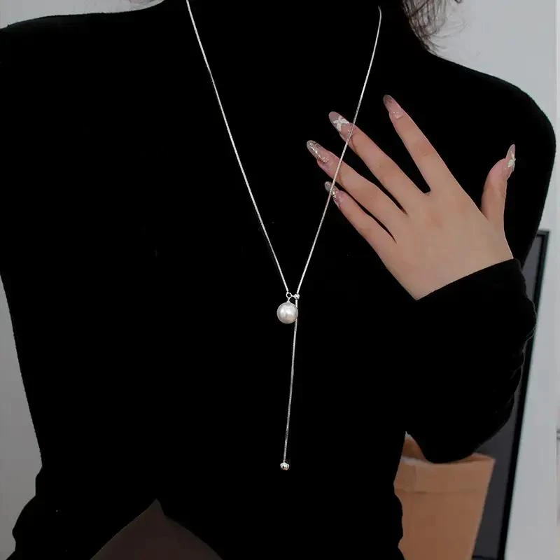 项链白色精致长款珠珠毛衣链可调节设计感项链气质款