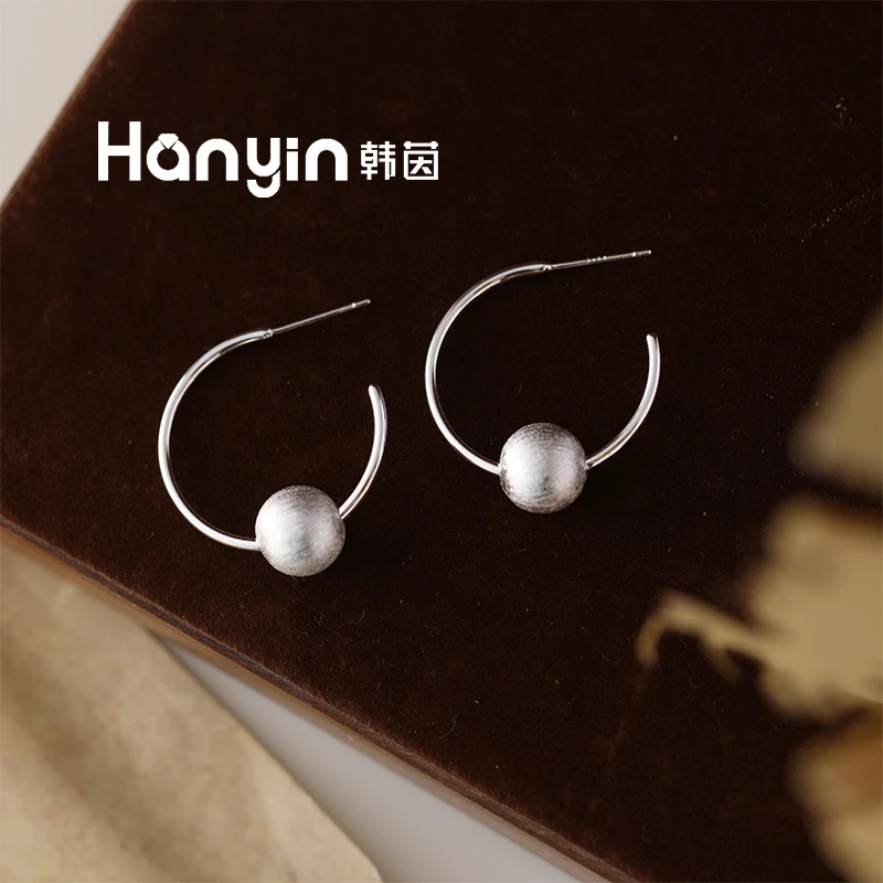 铜合金耳饰 925银针2.5cm磨砂拉丝球球C形耳钉