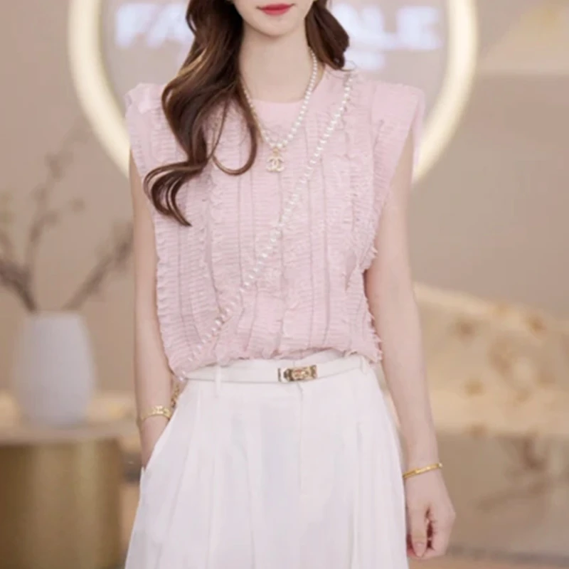 2025夏季法式圆领无袖衬衫女立体重工小衫款式显瘦百搭通勤衣服