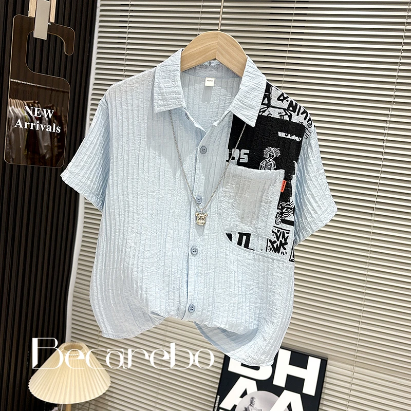 120-180【淏妈原创】青少年夏季薄款衬衫男童中大童衬衣儿童短袖潮