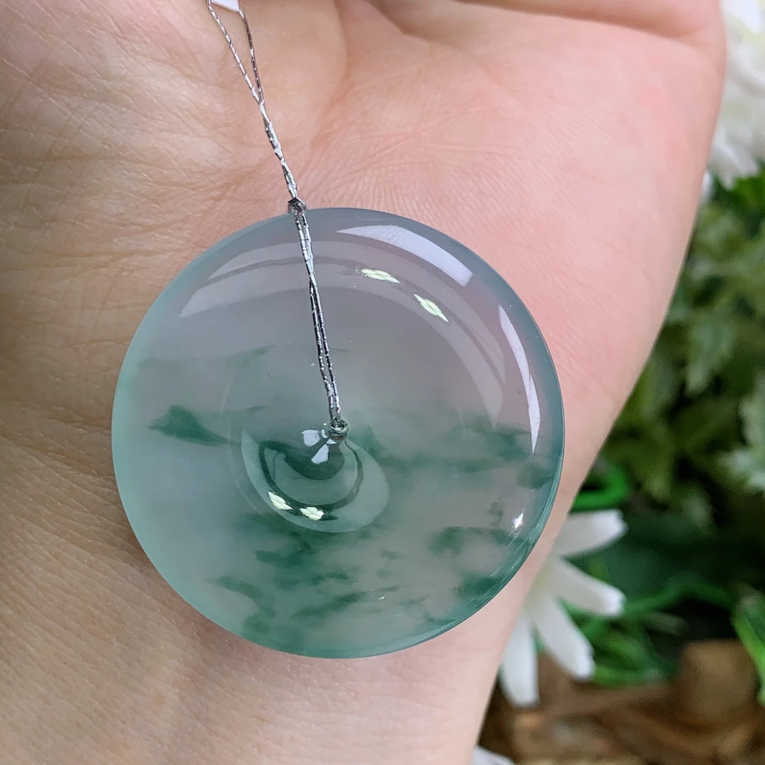 缅甸天然翡翠A货高冰起胶飘花精美平安扣吊坠尺寸33.8×6.2mm