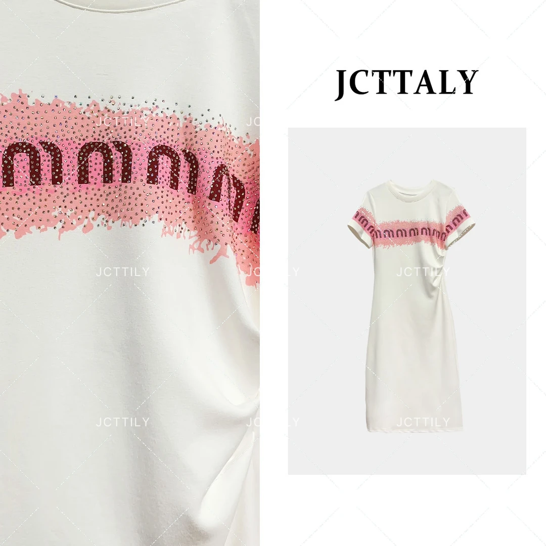 【Linda】编码【52】烫钻撞色字母印花褶皱收腰气质连衣裙JC-A2958