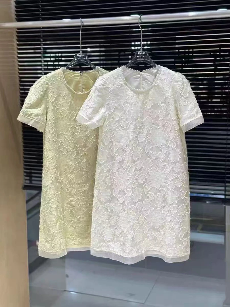 小两口麦圆领珍珠提花拼接桑蚕丝复古风格连衣裙2555