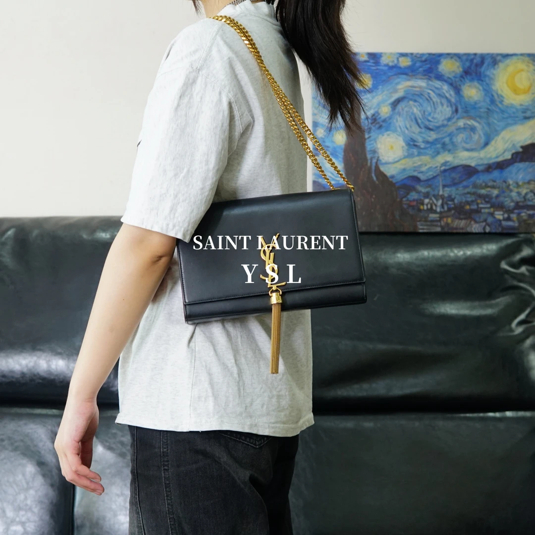 95新 YSL/圣罗兰 黑金流苏KATE包/WJ04219512/9512/护