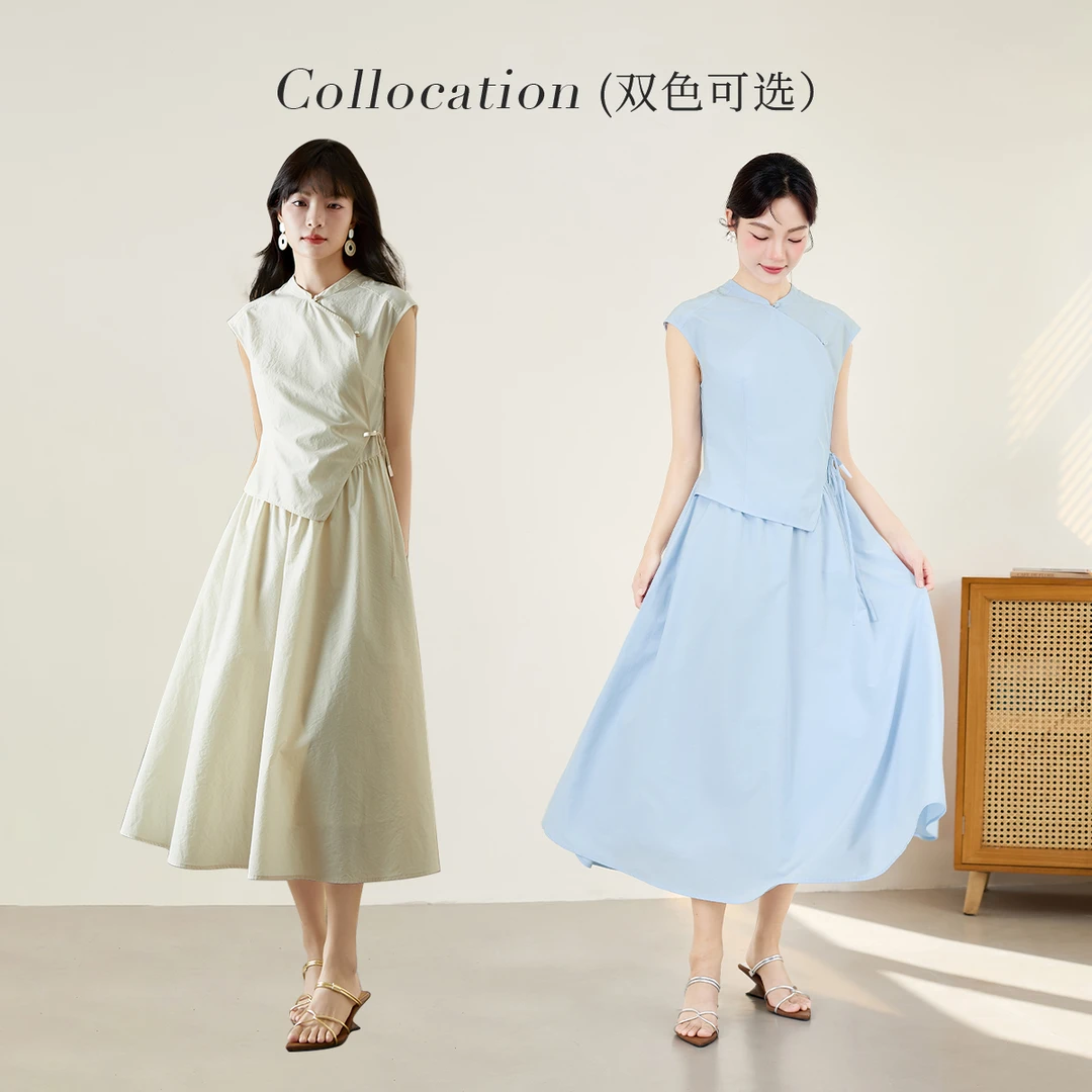 【秸熙】夏季新款改良新中式不规则假两件连衣裙显瘦A摆裙5XB651