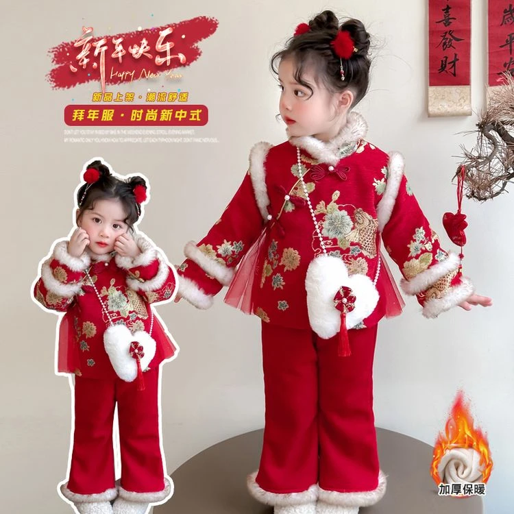 女童冬季中国风唐装加绒加厚两件套新款儿童宝宝喜庆新年装拜年服