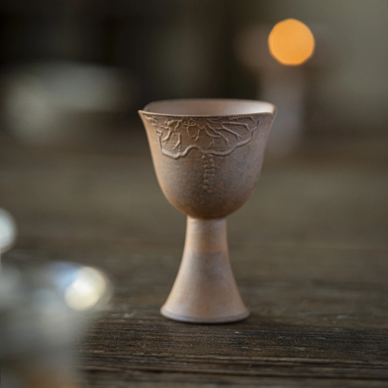 慕兮予物老岩泥高足莲叶茶杯茶具主人杯粗陶品茗杯泡茶杯陶泥杯子