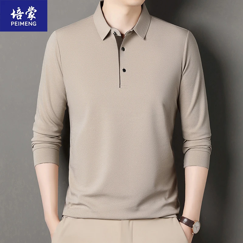 培蒙POLO衫男士长袖时尚休闲打底薄款纯色翻领男士长袖时尚休闲
