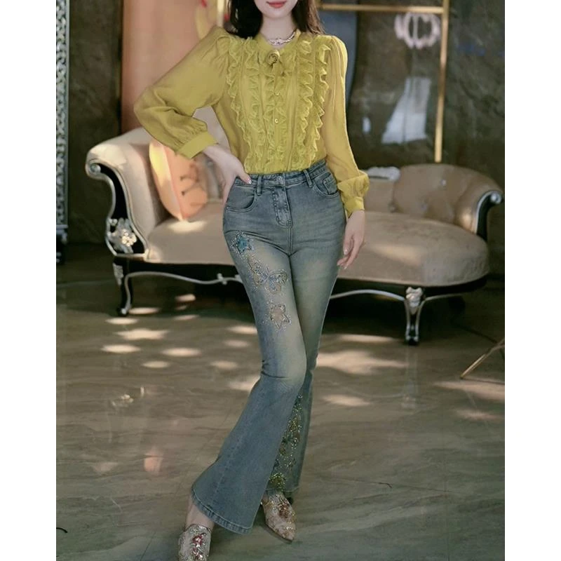 SEJI/瑟纪2-24【翩翩起舞】法式重工气质时尚百搭牛仔喇叭裤