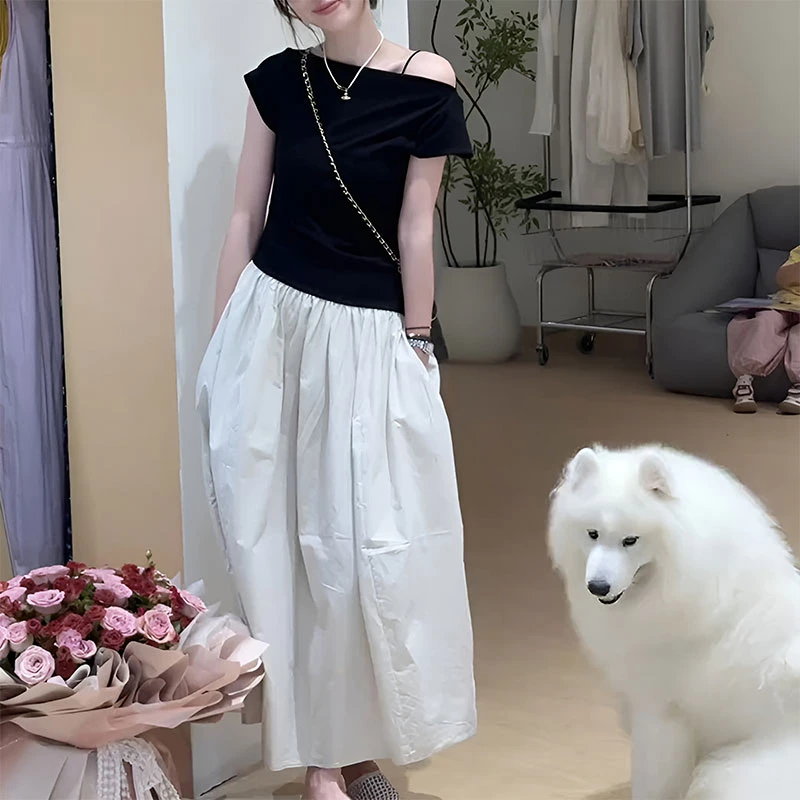 优雅气质时尚撞色拼接斜肩短袖修身连衣裙女2025新款夏季穿搭长裙