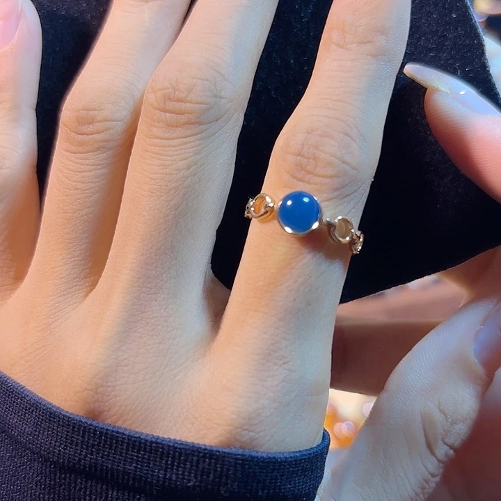 银S925镶嵌蓝珀珠宝奇石多米尼加蓝珀戒指