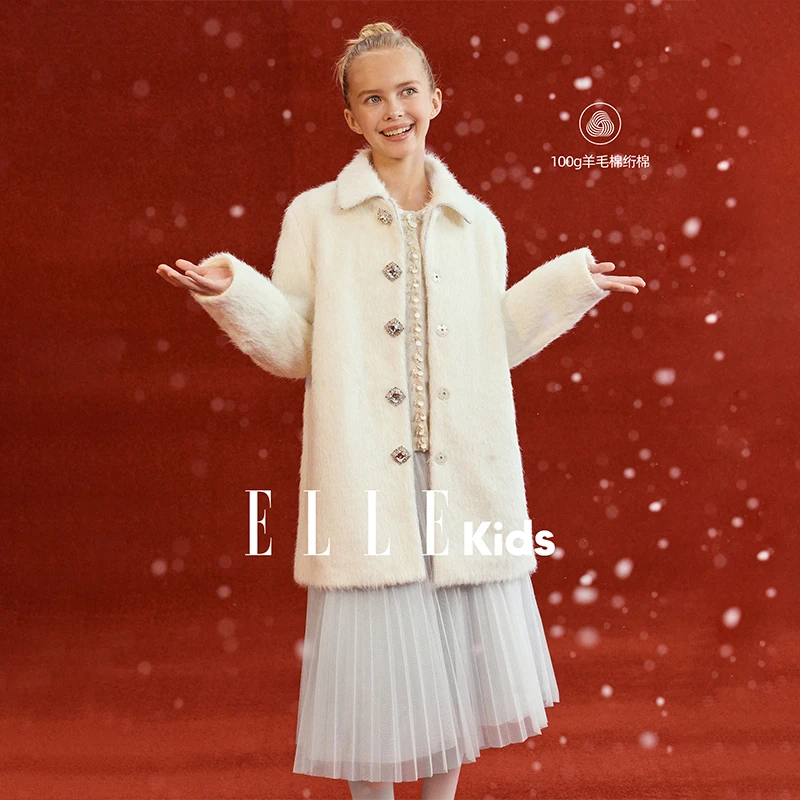 ELLE KIDS童装 钻扣小香风毛呢外套冬季千金风棉绗棉上衣D6