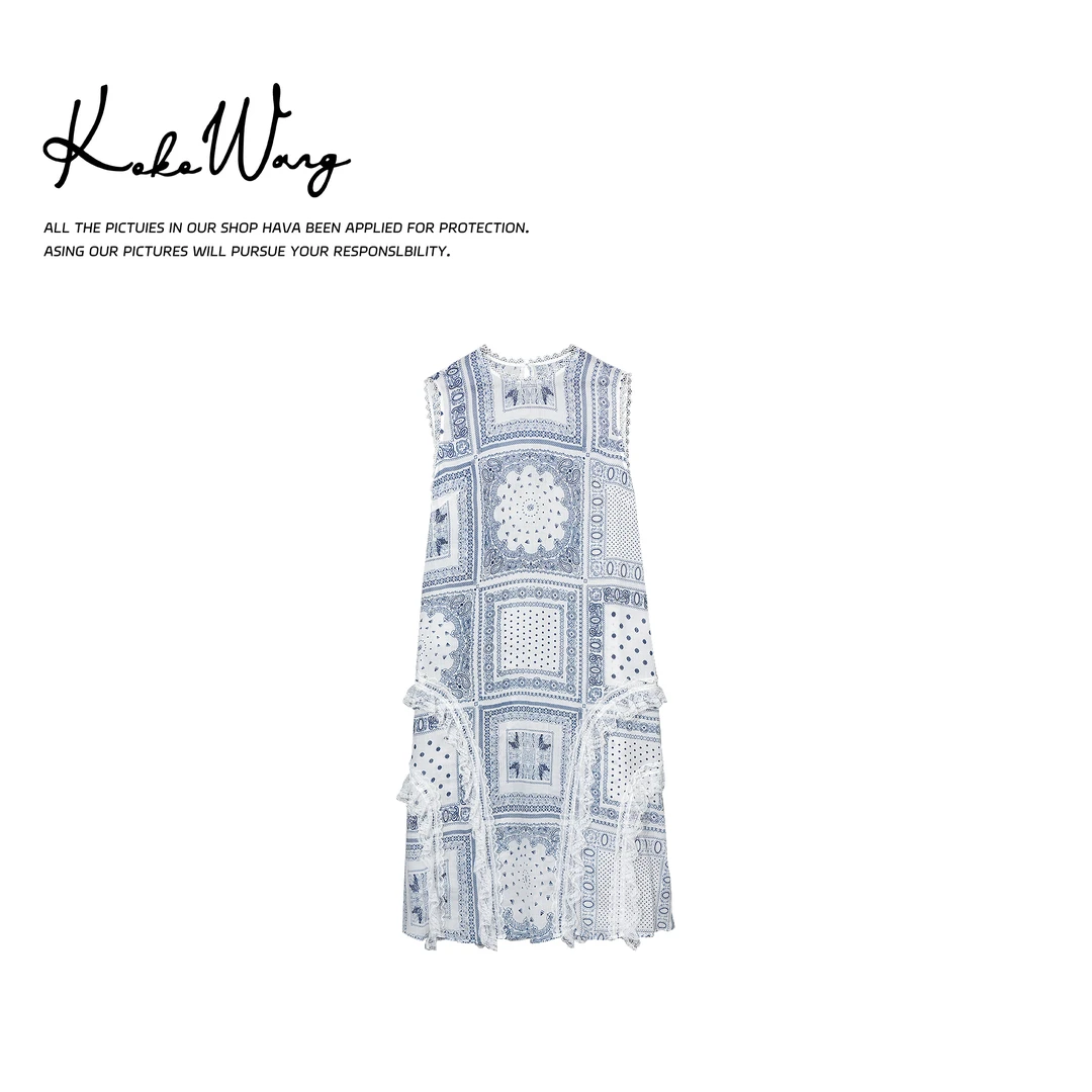 KOKO WANG夏季气质青花瓷蕾丝拼接天丝亚麻a字连衣裙520685C26Q42