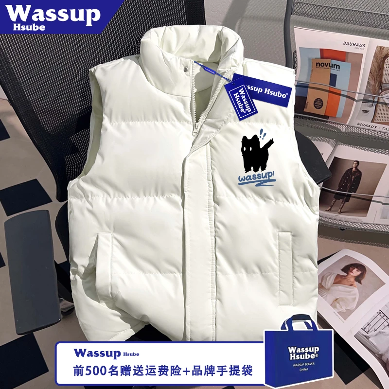 WASSUP HSUBE秋冬男女款米色保暖拉链上衣简笔小猫印花时髦风马甲