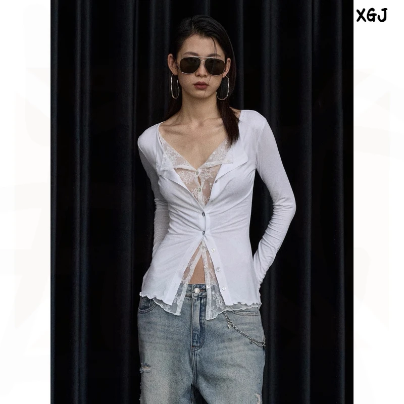 ourhour 蕾丝拼接 纯色假两件木耳边修身长袖开衫 女秋设计感上衣