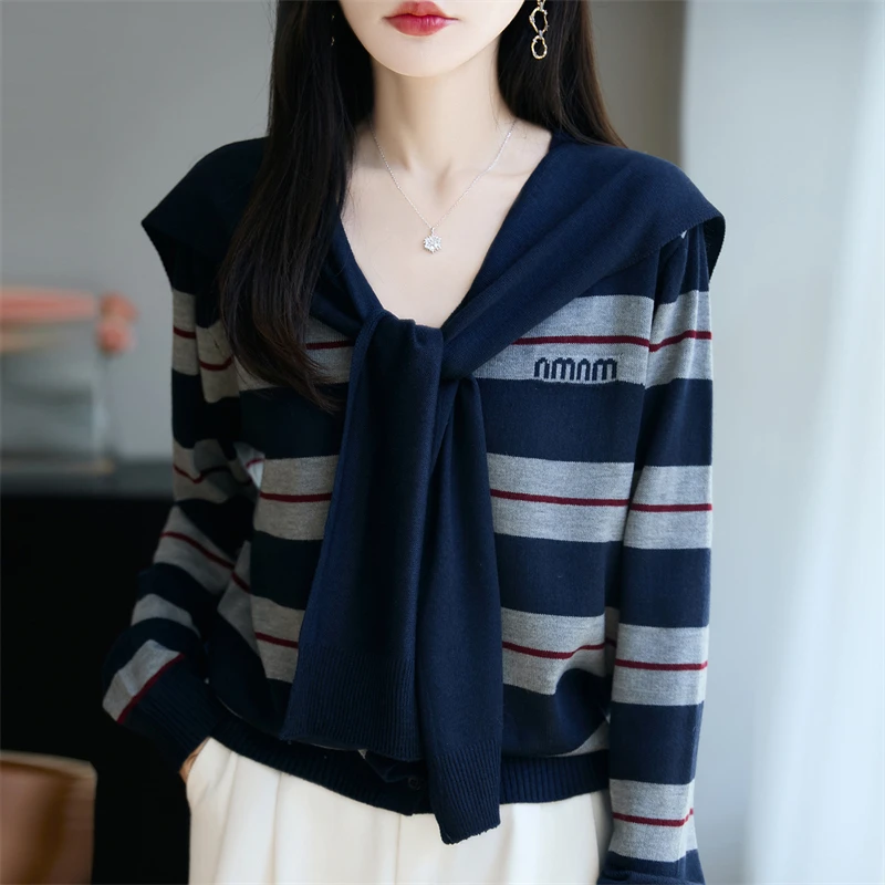 早秋2025新款韩系减龄撞色条纹披肩V领显瘦气质长袖针织衫女上衣