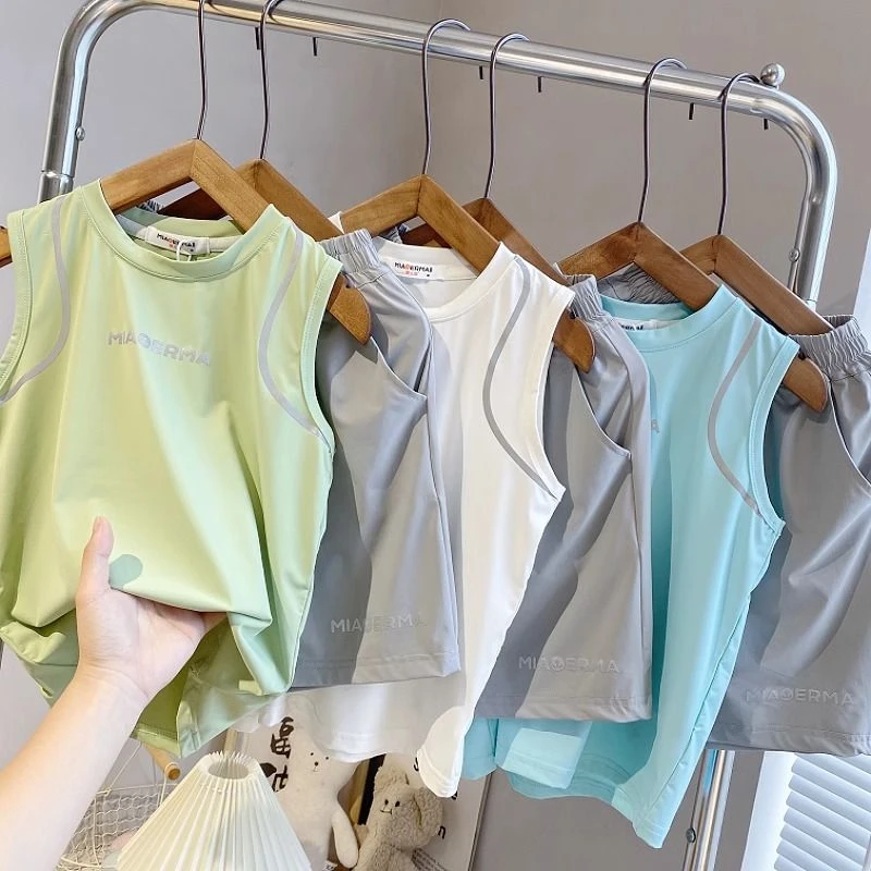 戴维贝啦优选男童套装夏装舒适新款中大童冰丝速干背心短裤男孩薄