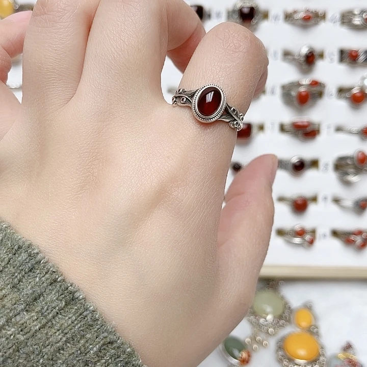 血珀戒指银S925镶嵌天然