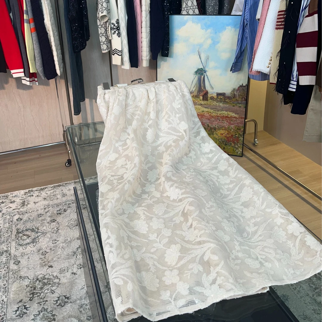 休闲短裙气质时尚黑色中长款重工金丝长裙43