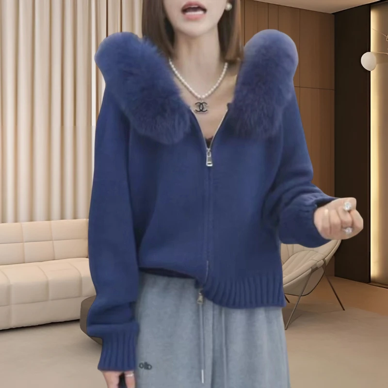 秋冬法式针织开衫女款2025新款小众炸街高级感女装毛领连帽外套女