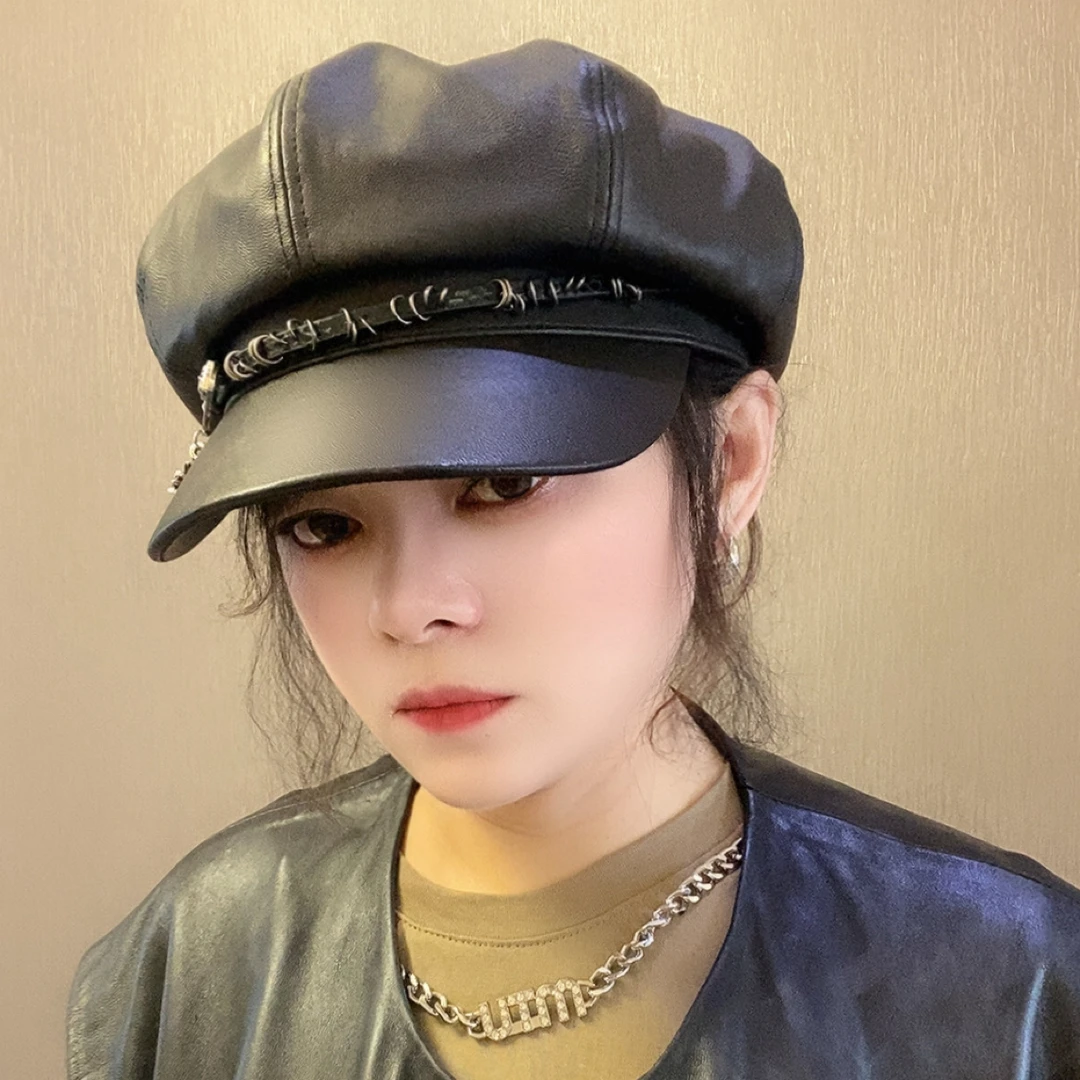 新款水洗皮八角帽子鸭舌帽时尚渔夫帽帽贝雷帽复古秋冬