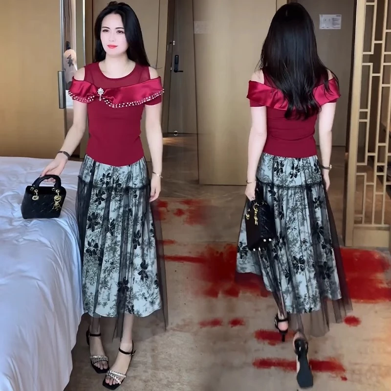 慵懒风套装裙女2025夏季新款设计感露肩上衣洋气质显瘦休闲两件套