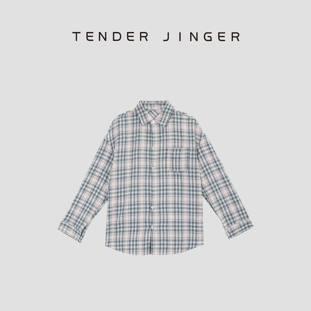 Tender Jinger韩系翻领廓形格子长袖衬衫T53XXQ30910