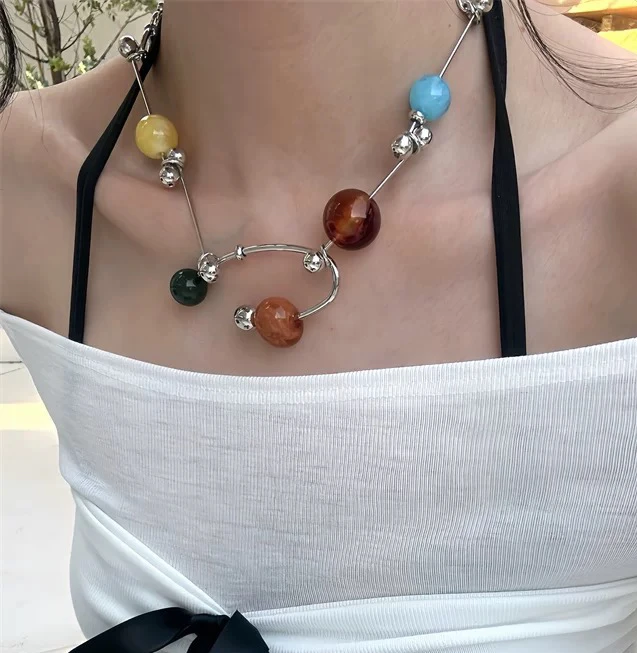 合金项链 彩色多巴胺串珠项链女金属链圆珠锁骨链高级感撞色颈链