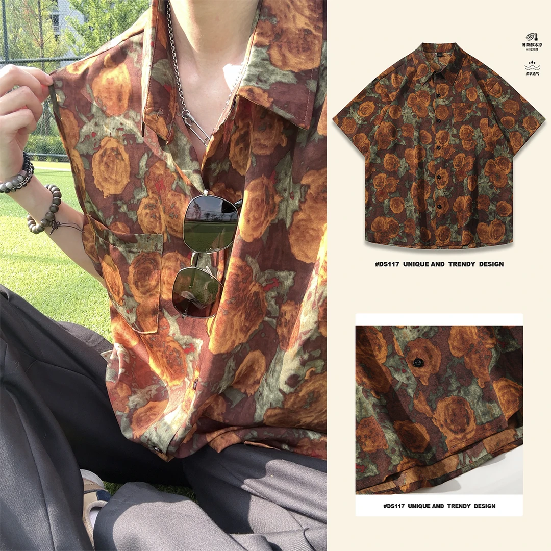 巴洛克风格冰丝凉感花衬衫男士度假休闲短袖衬衫港风复古油画衬衣