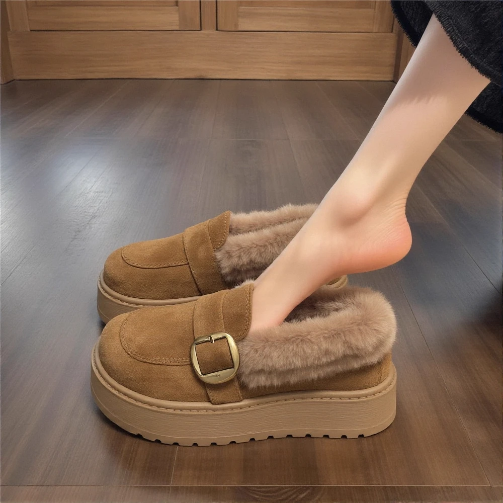 兔毛绒厚底雪地靴女款2025新款冬季皮带扣加绒保暖一脚蹬勃肯棉鞋