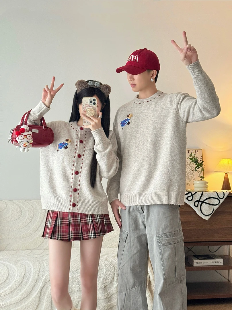 情侣装圆领女秋冬刺绣卡通动漫针织衫宽松百搭毛针织衫