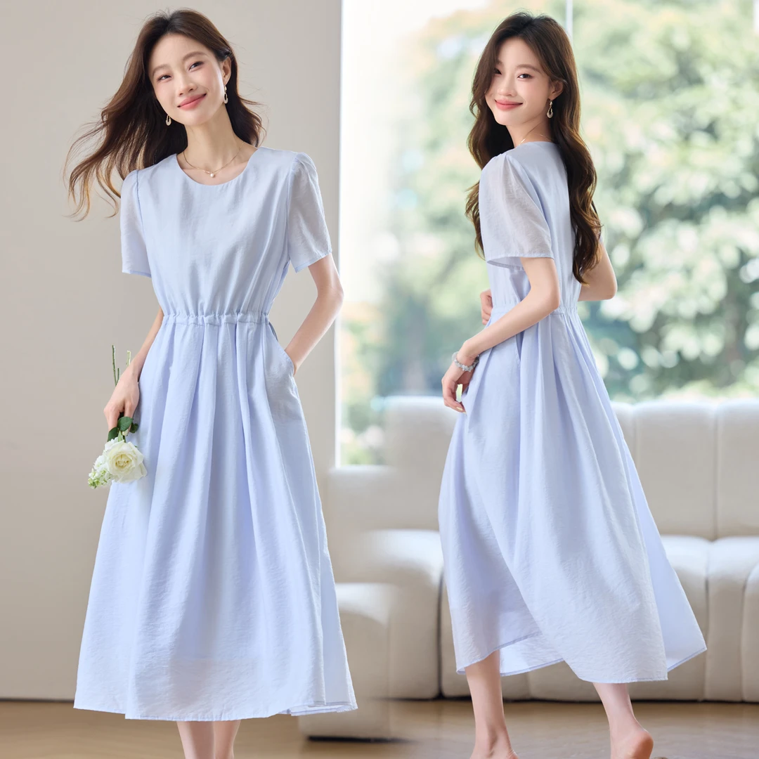 2025夏季新款韩版时尚圆领短袖收腰显瘦连衣裙宽松设计感长裙