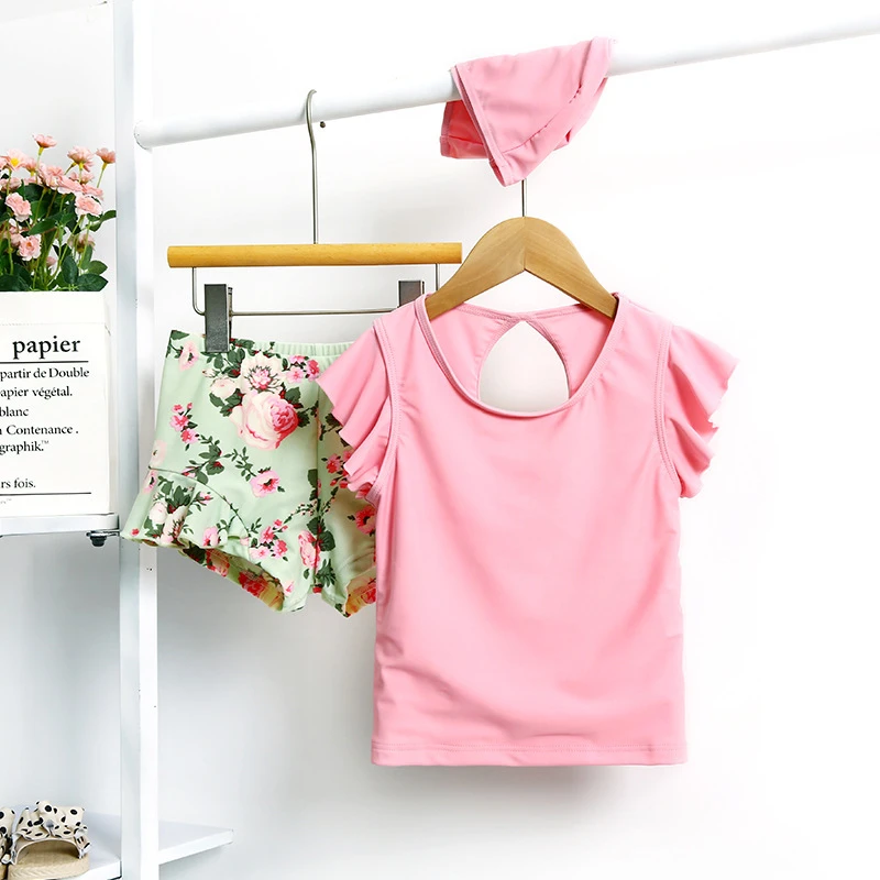 【女宝】A类亲肤中大童女孩沙滩泳装分体印花飞袖学生大码泳衣套装