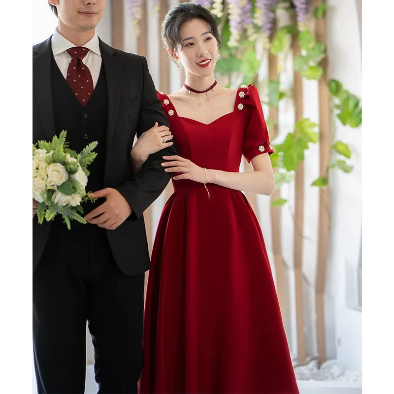直播链接断码特价缎面敬酒服新娘酒红色订婚结婚显瘦长款高级礼服