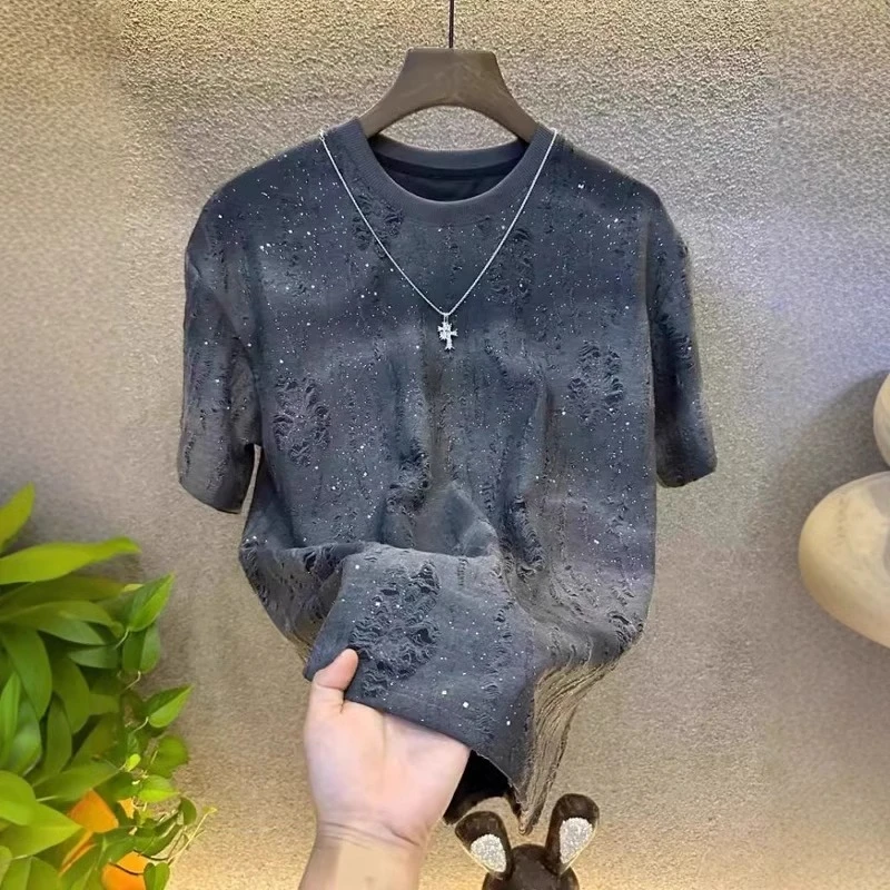 夏季新款轻奢高品质男士满天星短袖T恤潮流亮片渐变破洞圆领上衣