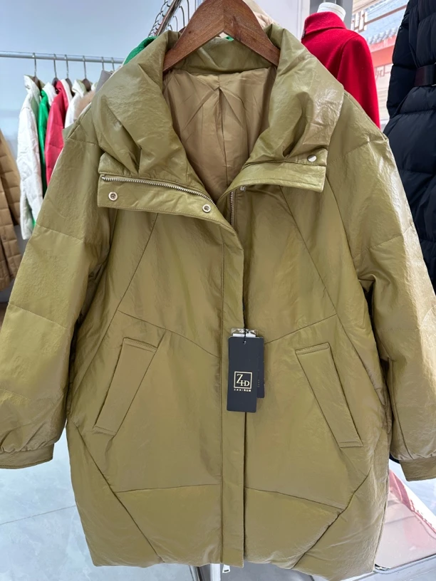 常规压花皮中长款皮衣女士女装绿色冬款百搭纯色休闲秋冬短款