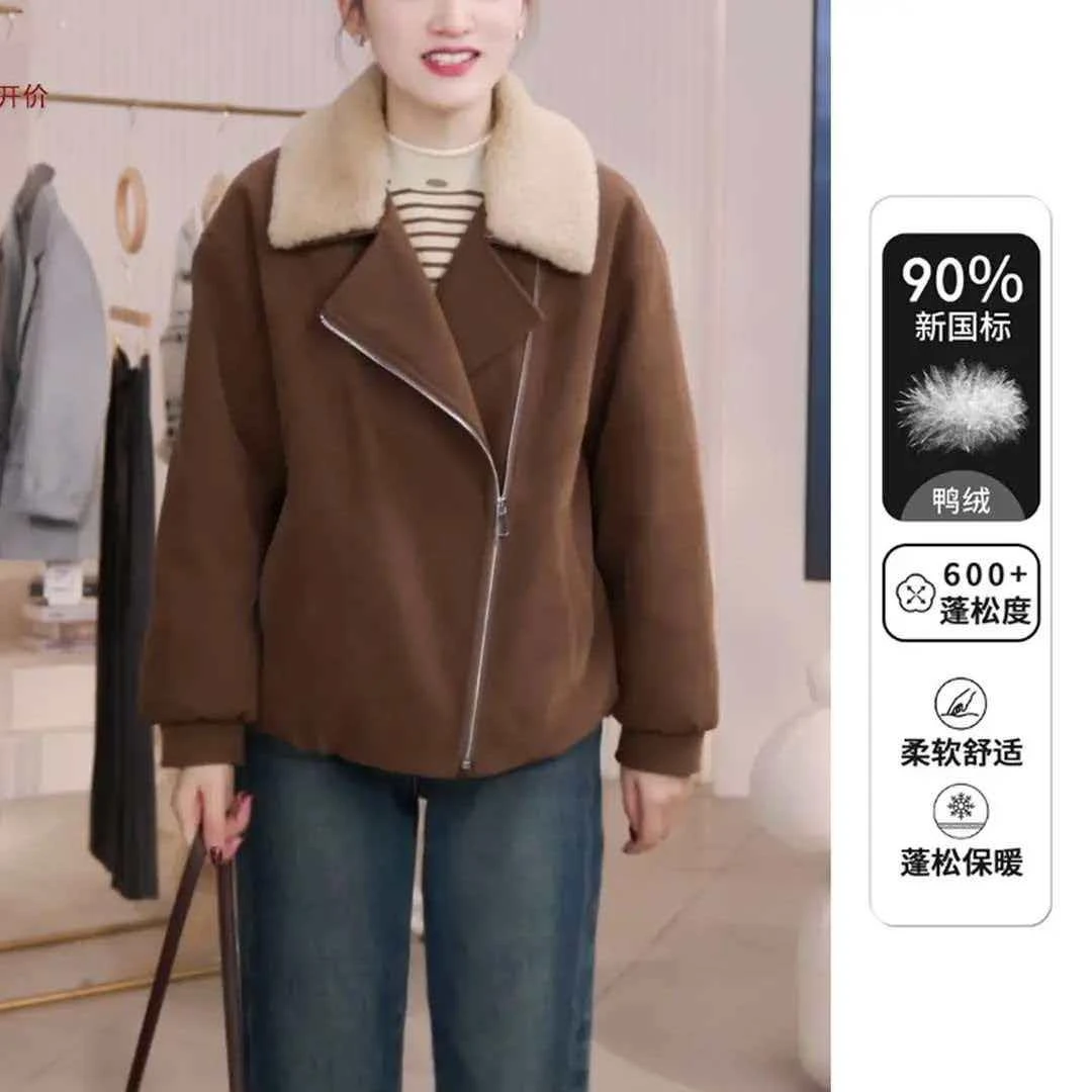 【落日梧桐】2025冬季新款女装百搭可脱卸毛领斜拉链羽绒服外套女