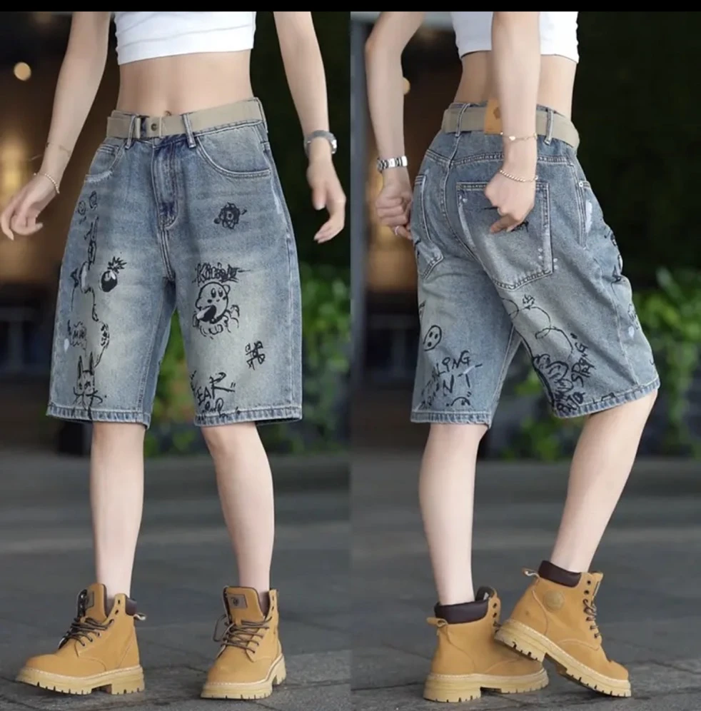 夏季新款宽松潮流五分裤子美式潮流休闲痞帅复古涂鸦印花牛仔短裤