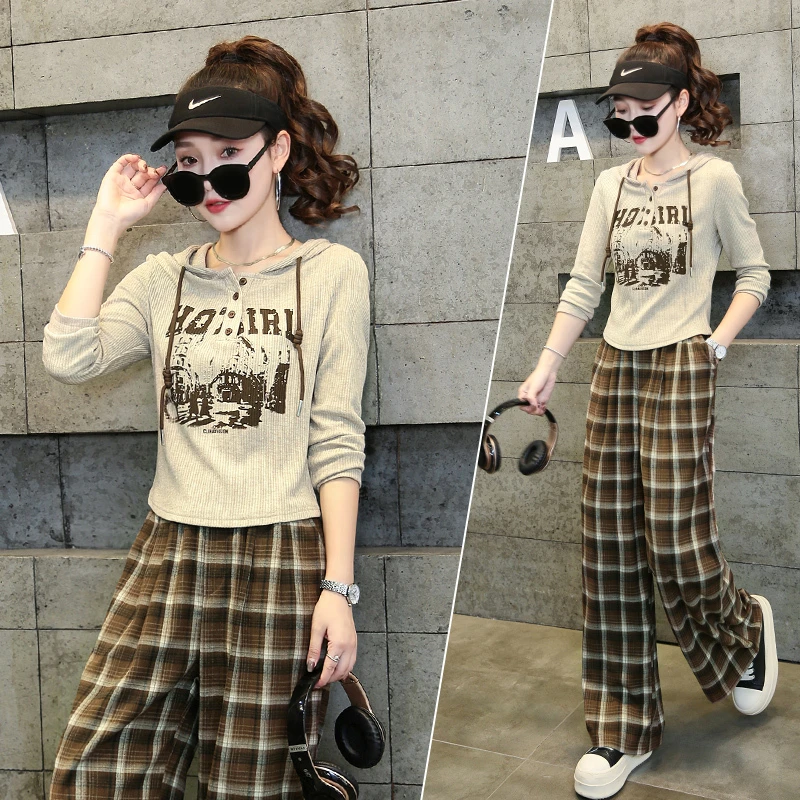 T恤格子阔腿裤入秋穿搭一整套装女春秋季2025新款时尚休闲两件套