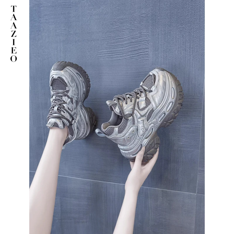 TAAZIEO增高10-13cm老爹鞋女秋轮胎底拼色时尚ins潮鞋厚底休闲鞋