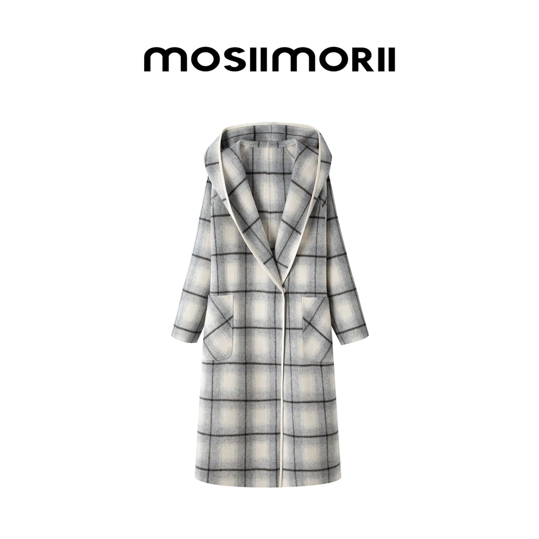 【闲庭叙诗】时尚格子冬季女士秋冬翻领连帽长款毛呢外套