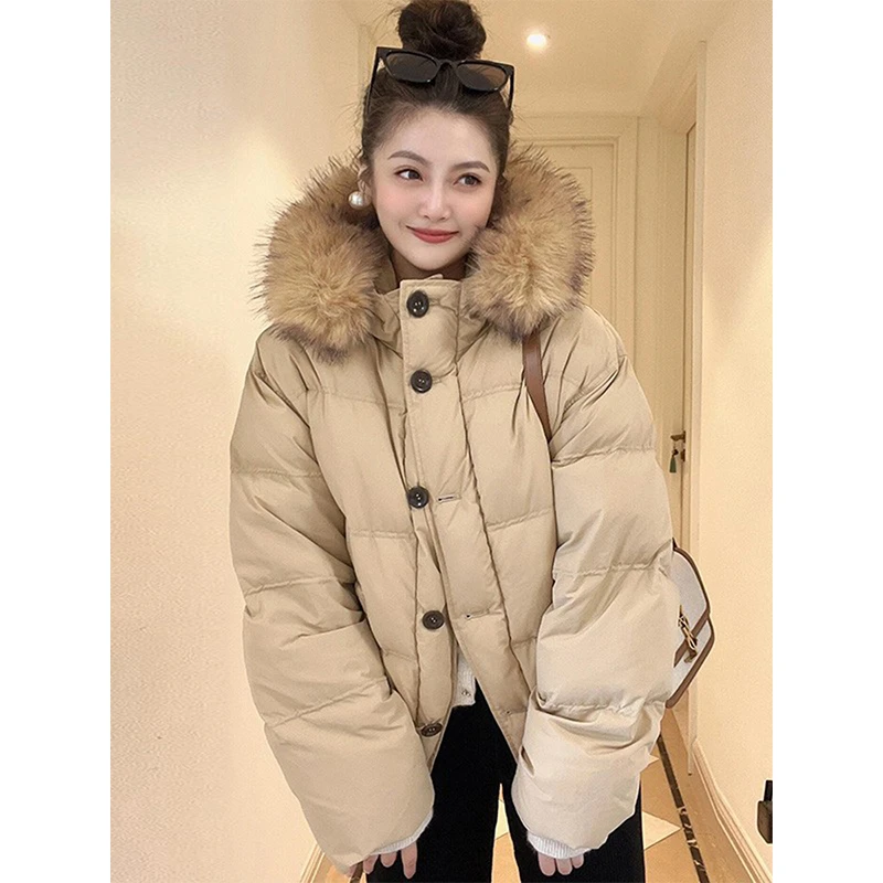 复古风大毛领连帽卡其色棉服女冬季新款韩版加厚通勤棉袄面包服潮