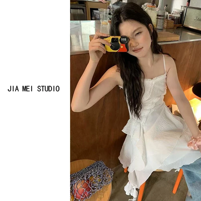 C196白色蕾丝拼接吊带裙荷叶边无袖上衣女夏日氛围感度假风小裙子