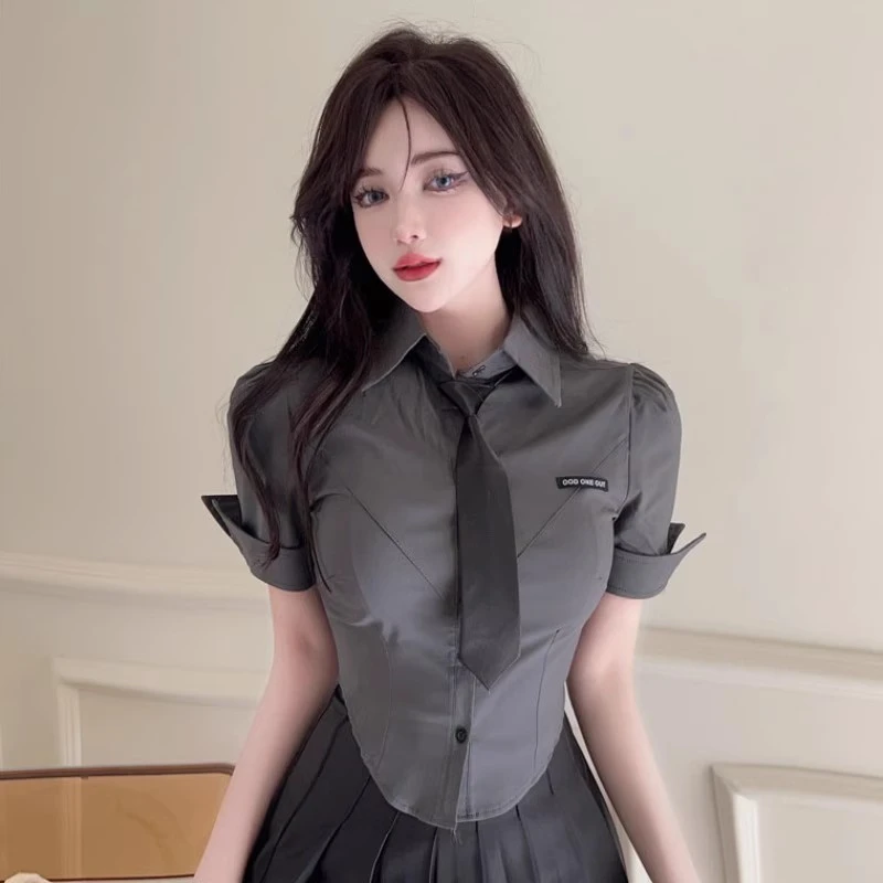 学院风JK制服短袖衬衣女辣妹纯欲修身收腰衬衫+百褶短裙校服套装