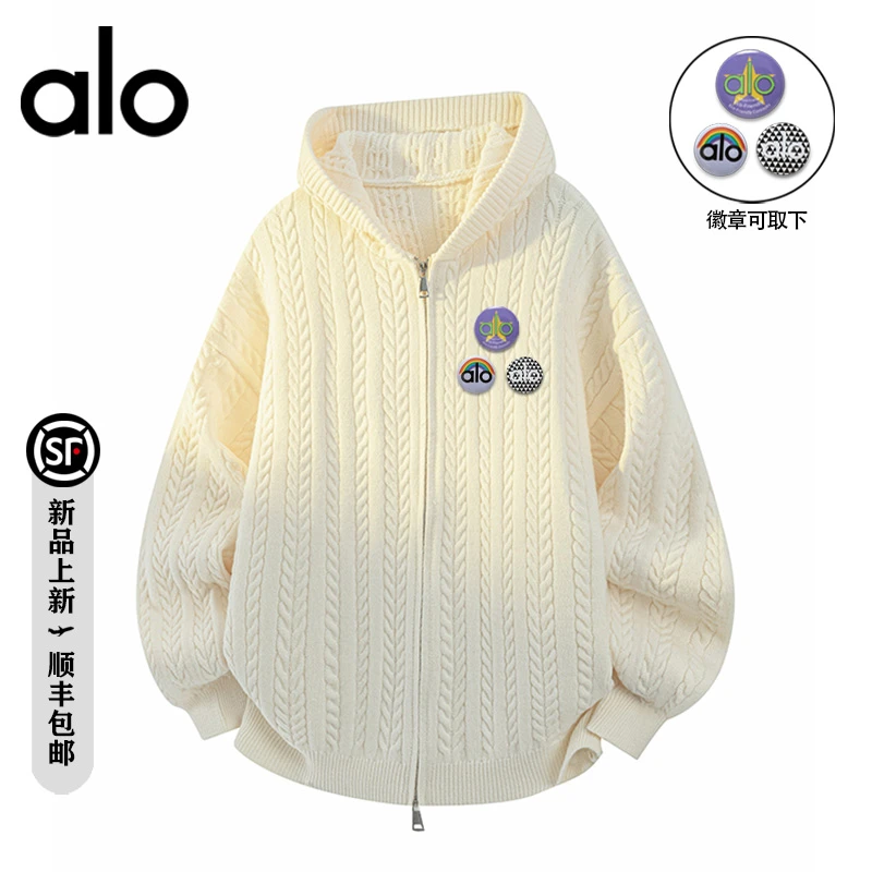 alo潮牌 秋季小众设计精致徽章针织毛衣宽松休闲情侣开衫连帽外套