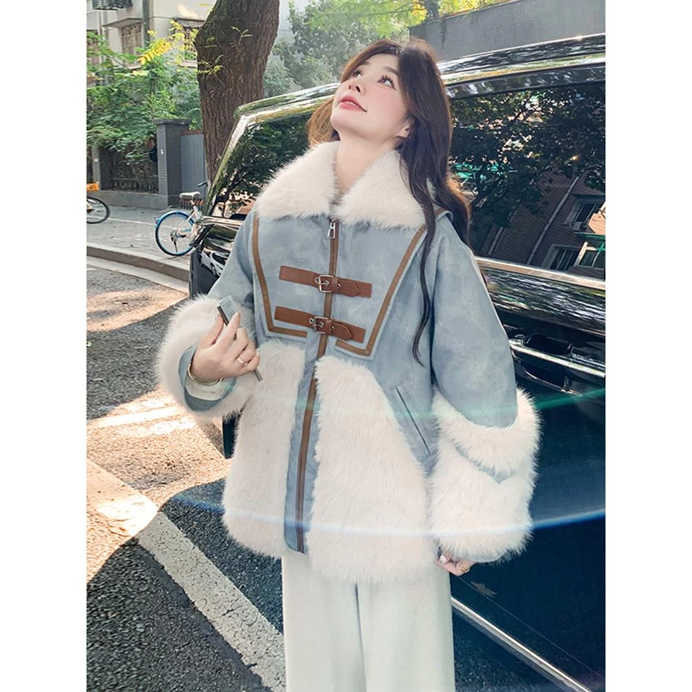 超好看毛毛拼接牛仔派克棉服女冬设计感小众加绒加厚皮毛一体外套