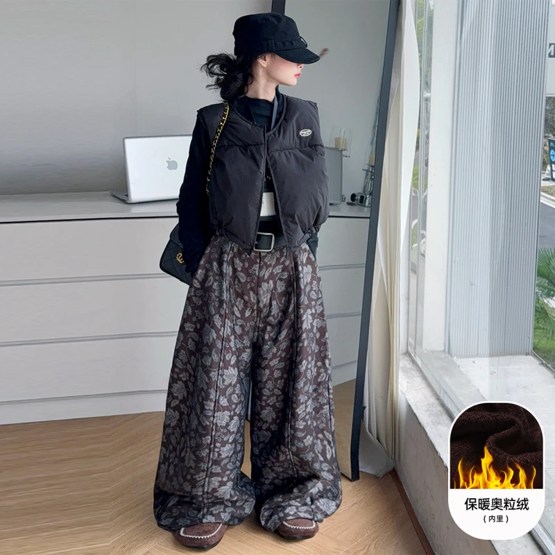 女童棉马甲套装2025冬季新款儿童加绒打底衫碎花裤子秋冬装三件套