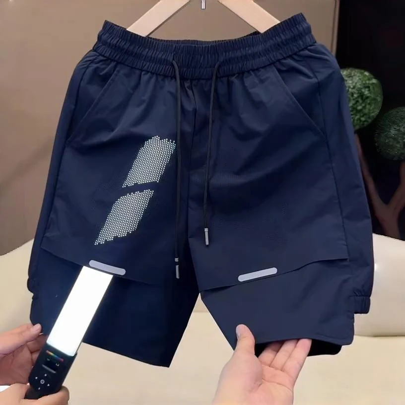夏季新款潮牌拼接休闲短裤男宽松百搭网眼透气冰丝运动速干五分裤