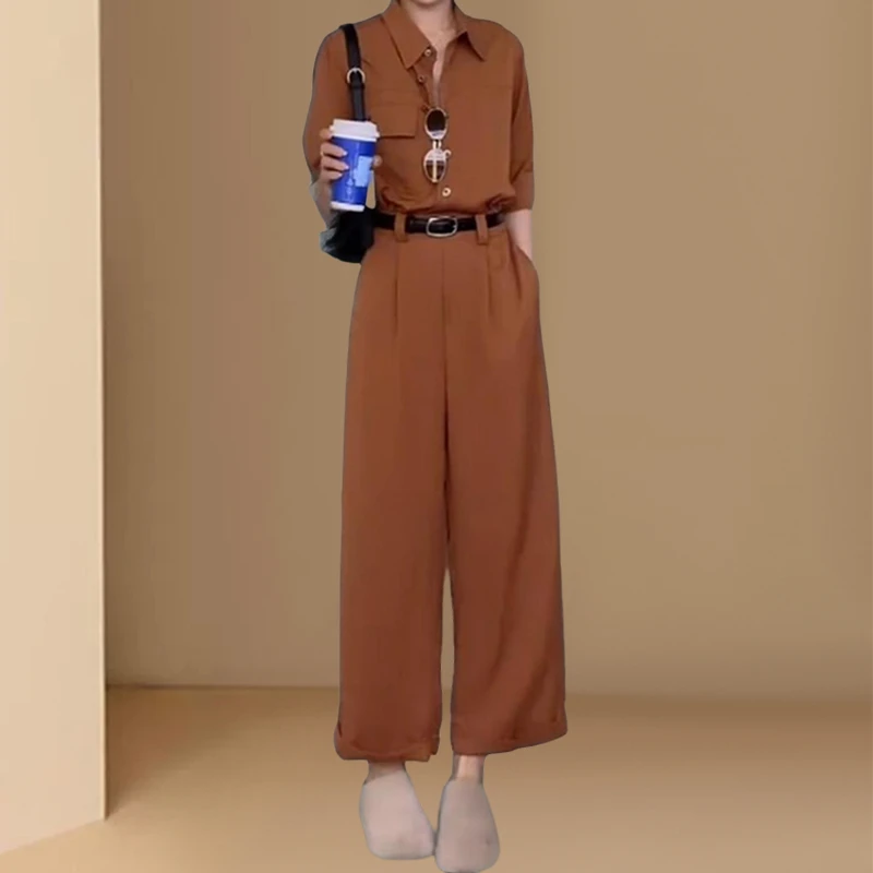 高级感气质连体裤夏季气质时尚宽松显瘦纯色长裤工装短袖连衣裤